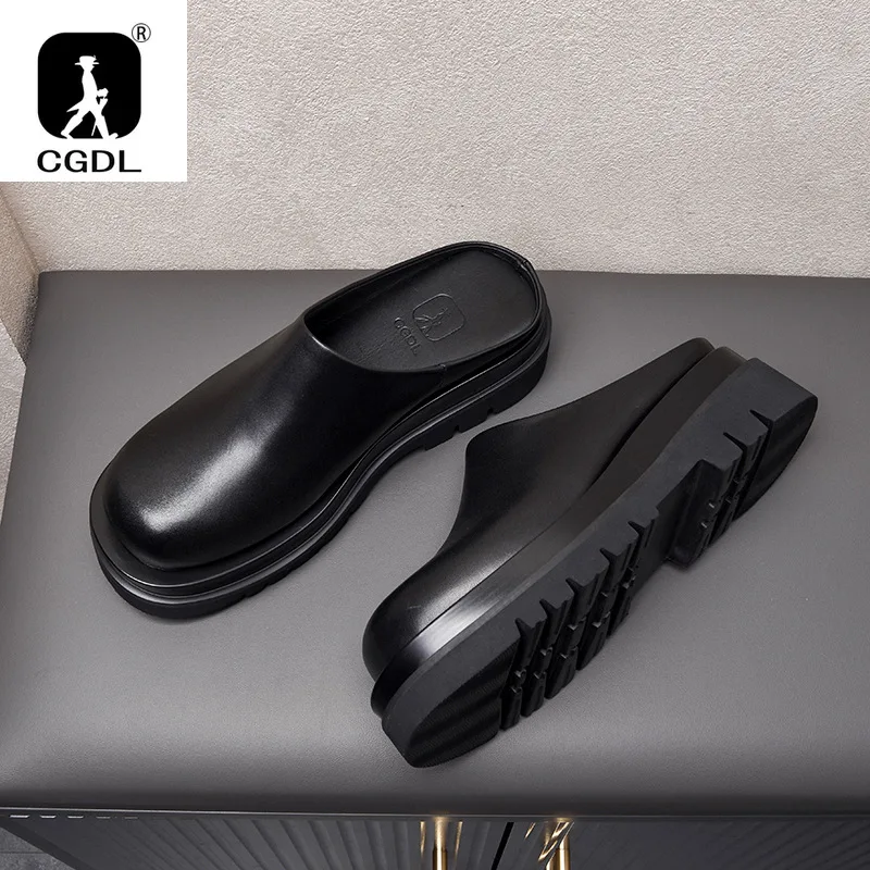 Luxury Leather Platform Man Half Slippers with Heels Genuine Leather 2024 Summer Wedding Business Social Shoes Outside Sandals