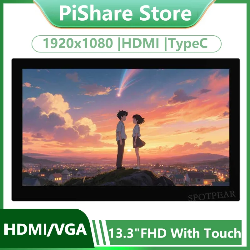Raspberry Pi 13.3 inch FHD Monitor LCD 1920×1080 13.3inch Capacitive TouchScreen Display Type-C/HDMI For Computer PC