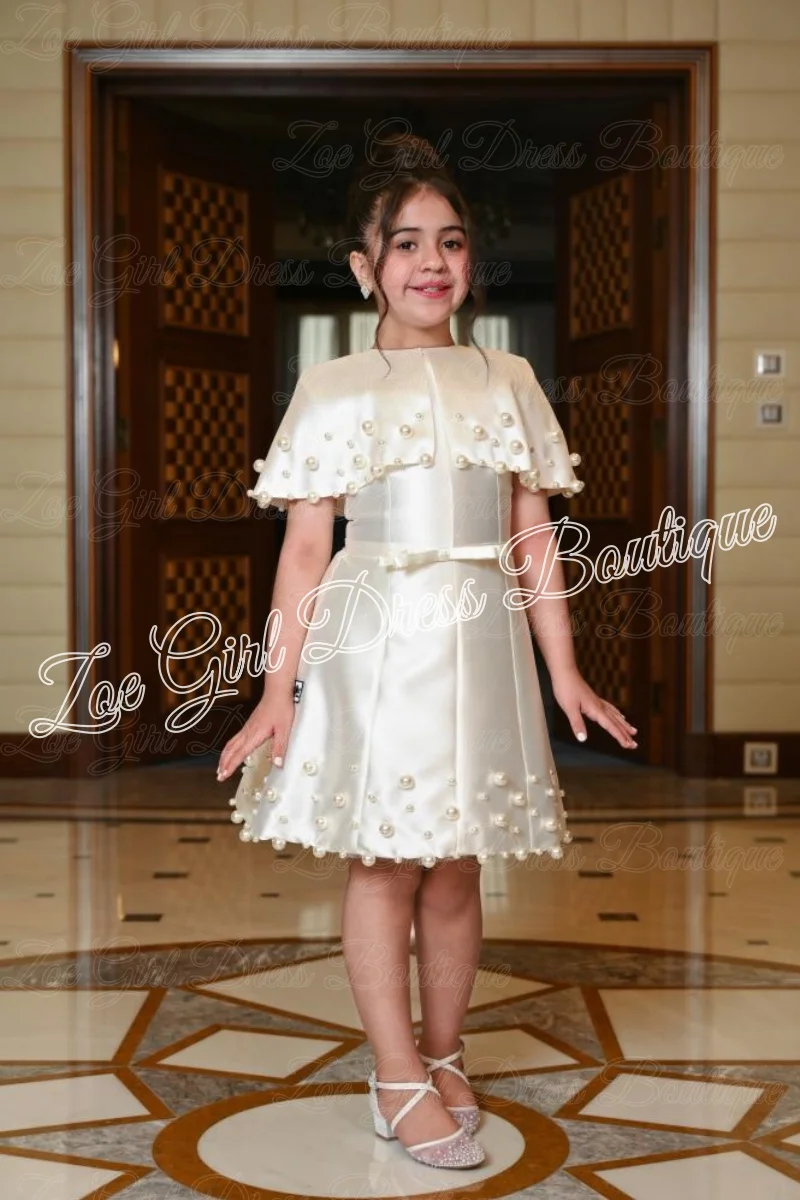 Satin Flower Girl Dresses for Wedding Pearls Knee Length Lovely Baby Girl Birthday Ball Gowns First Communion Gowns Customized view 3