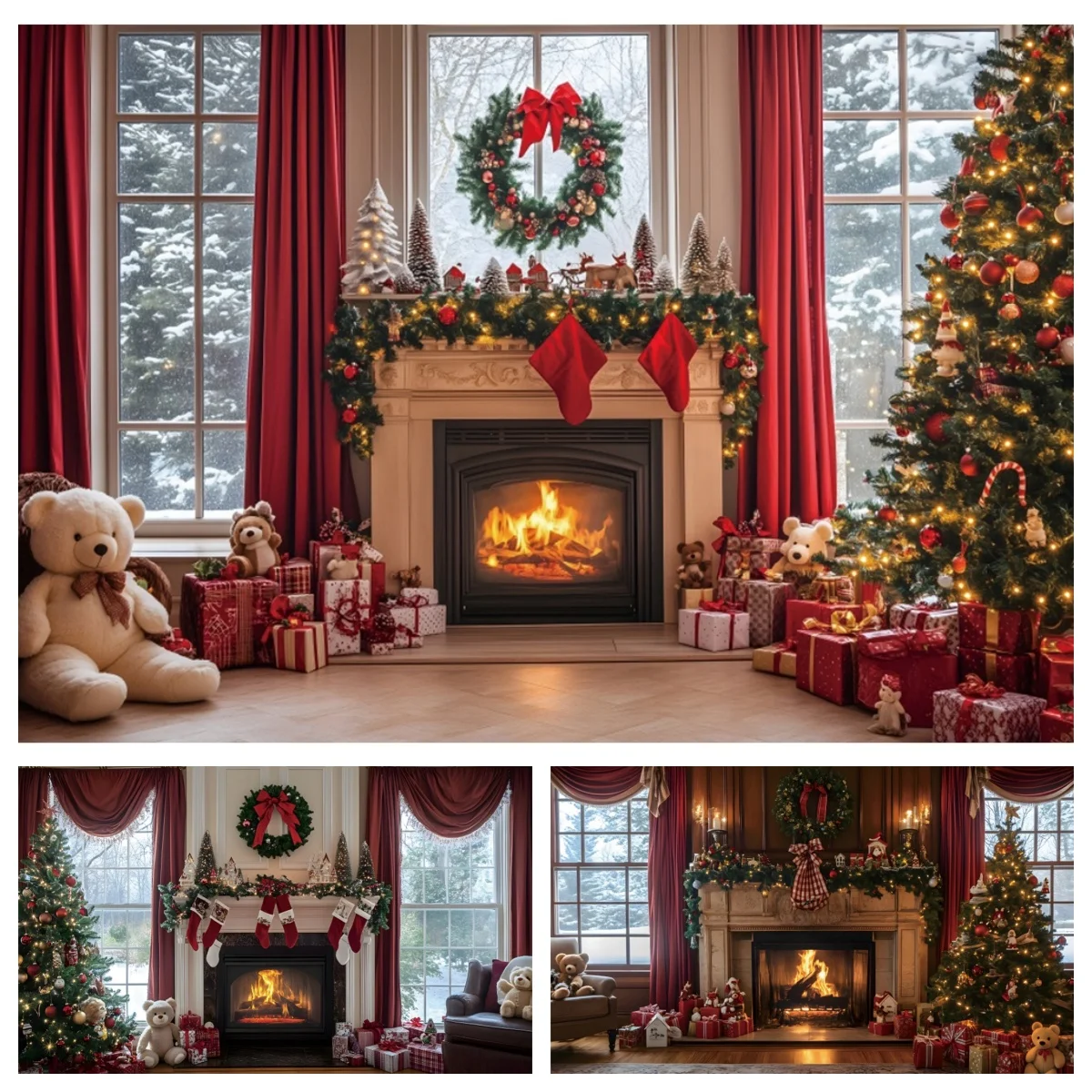 Christmas Fireplace Backdrop Red Curtain Xmas Tree Wreath Bear Candles Gift Box Decor Adult Girls Child Baby Portrait Background