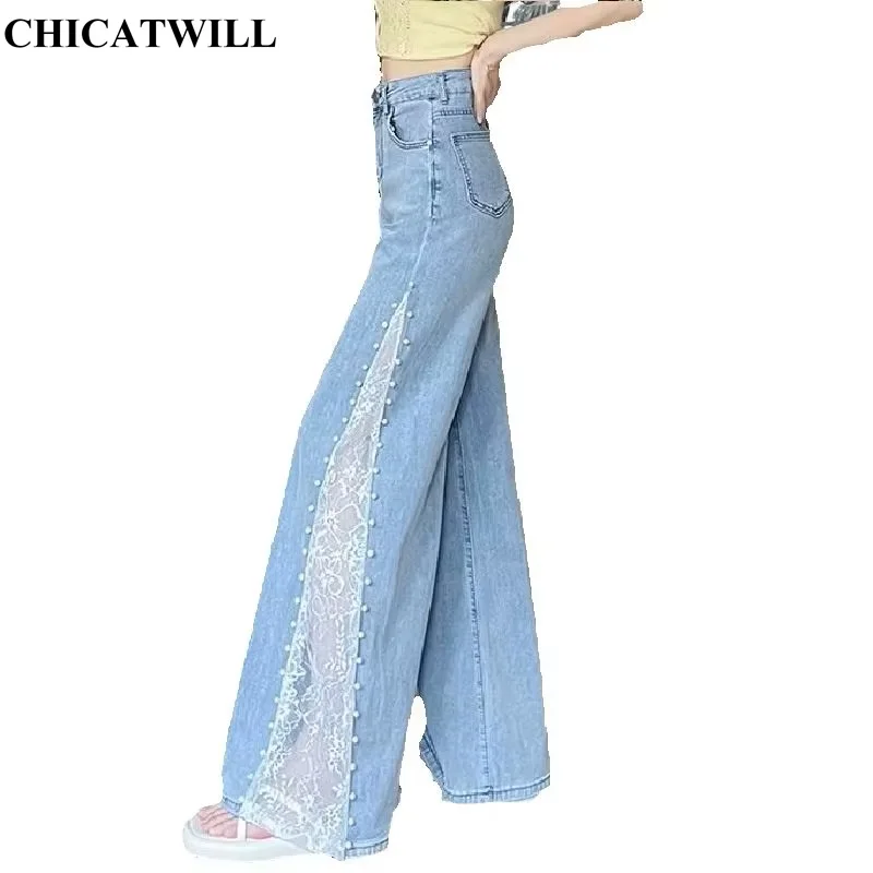 CHIC Summer Lyocell Elegant Lady Lace Pearls Patchwork Wide Leg Jeans Women Denim Trendy Straight Pants Fashion Long Trousers