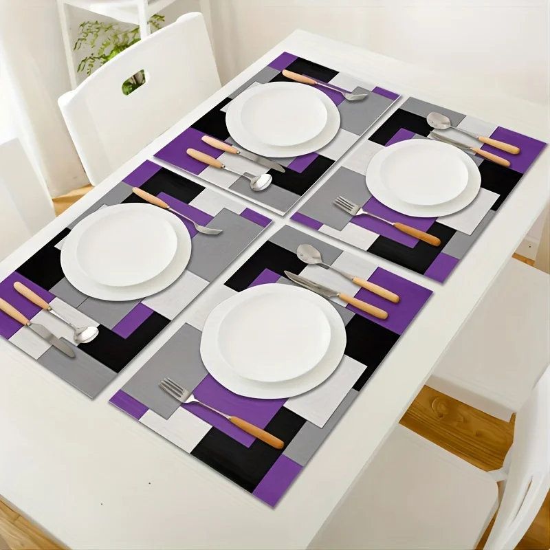 2pcs Placemats, Dining Table Mat Set, Abstract Art Patchwork Purple Black Grey Kitchen Table Pad, Room Decor, Dining Table Decor