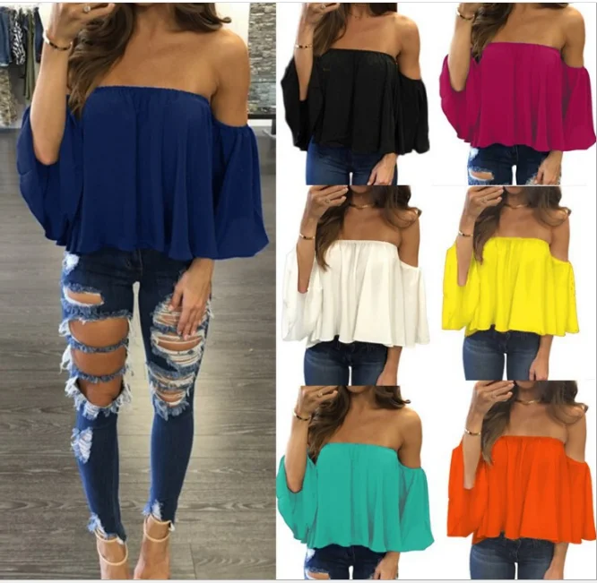 

t Shirt Slash Neck Off Shoulder Women Solid Candy Colors Tops Female t-shirt