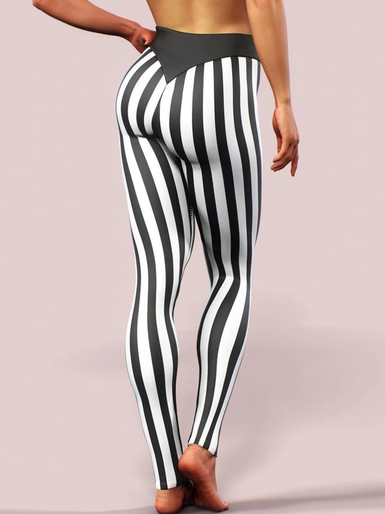 Leggings estampadas listradas de cintura alta feminina, jeggings fitness, calça lápis de treino, sexy, preto, branco, elástico, ginásio, moda