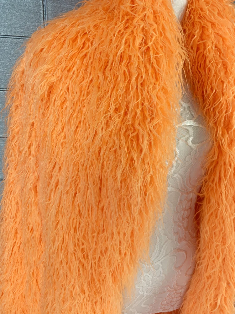 Orange Fur Coat 2023 Winter New High-End and Fashion Performance Wear Mongolia Sheep Fur Jacket Loose Warm Elegant Long Coats