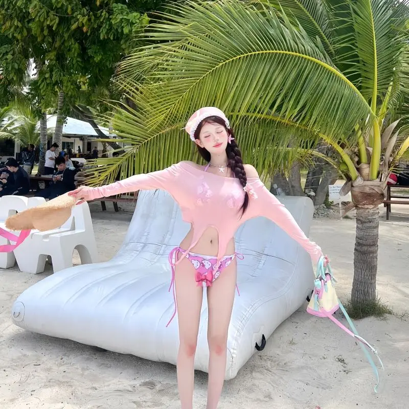 Sweet Girl 2-Piece Beach Swimsuit Pink Cartoon Print Push-up Bikini Set Sunscreen Cover-up Dress Uv Protection Vacation Swimwear