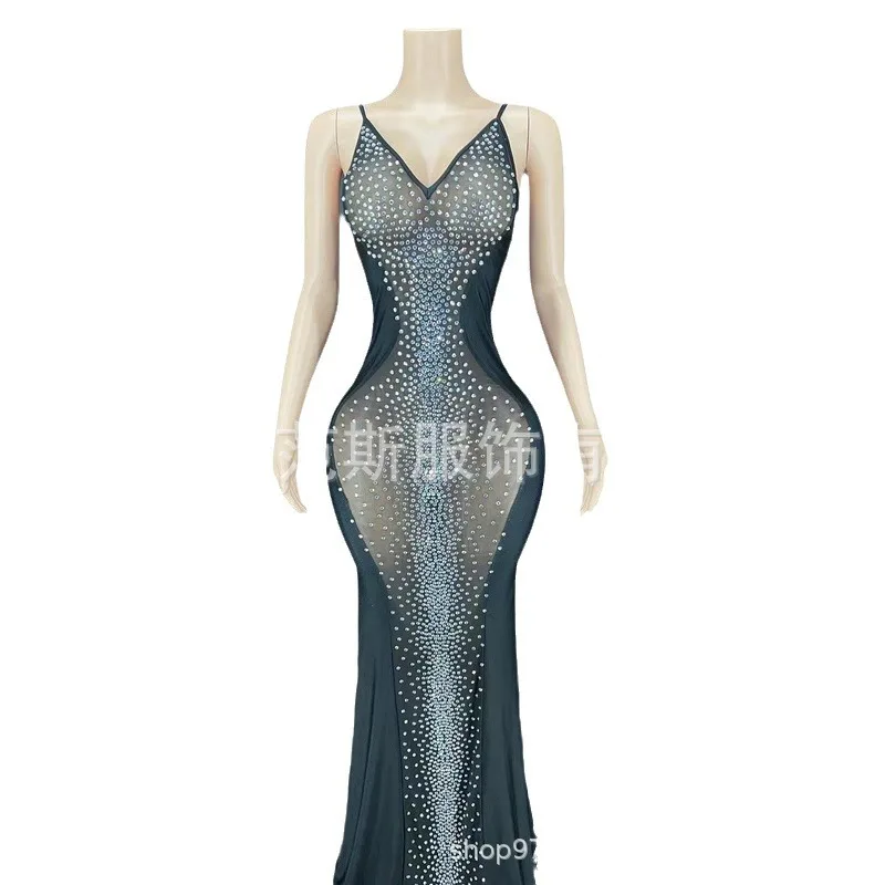 

Halter Suspender Deep V Sexy Diamond Sleeveless Long Wedding & Party Dress Black Transparent Mesh Платье Брюки Женское Вечернее