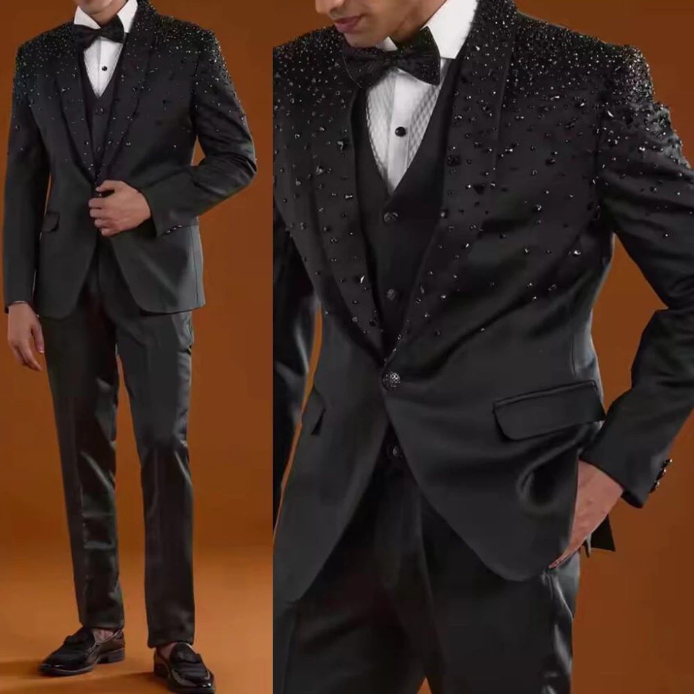 

Luxury Men's Suits 2 Piece Beading Crystals Groom Wedding Tuxedos Slim Fit Male Prom Blazers Customized Plus Size ropa hombre