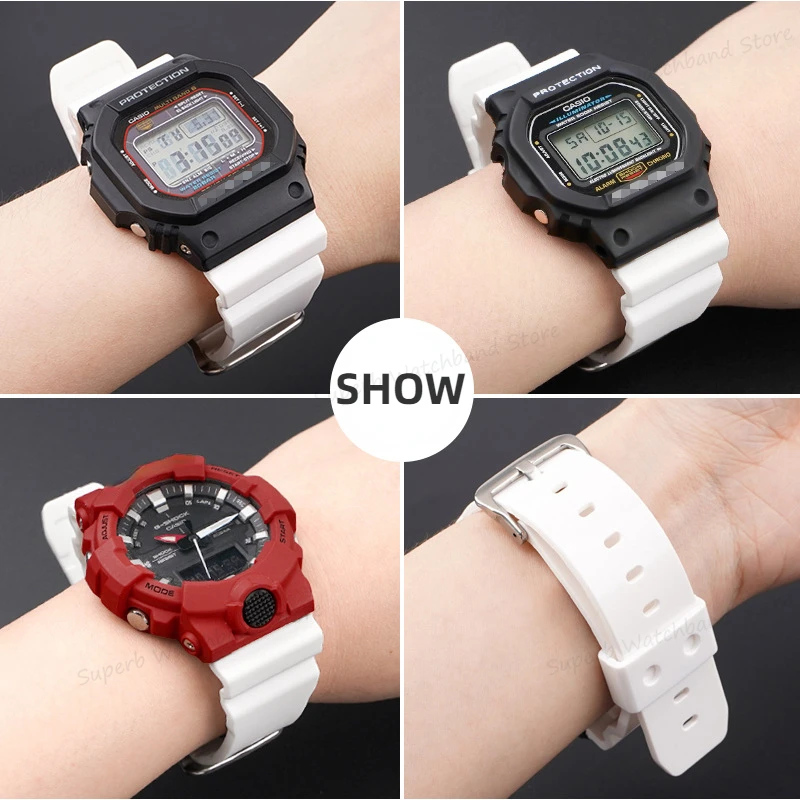 16mm Rubber Watch Band for Casio Small Square 5600/5610 Series 6900 White Strap Sport Waterproof Replacement Band Accessories