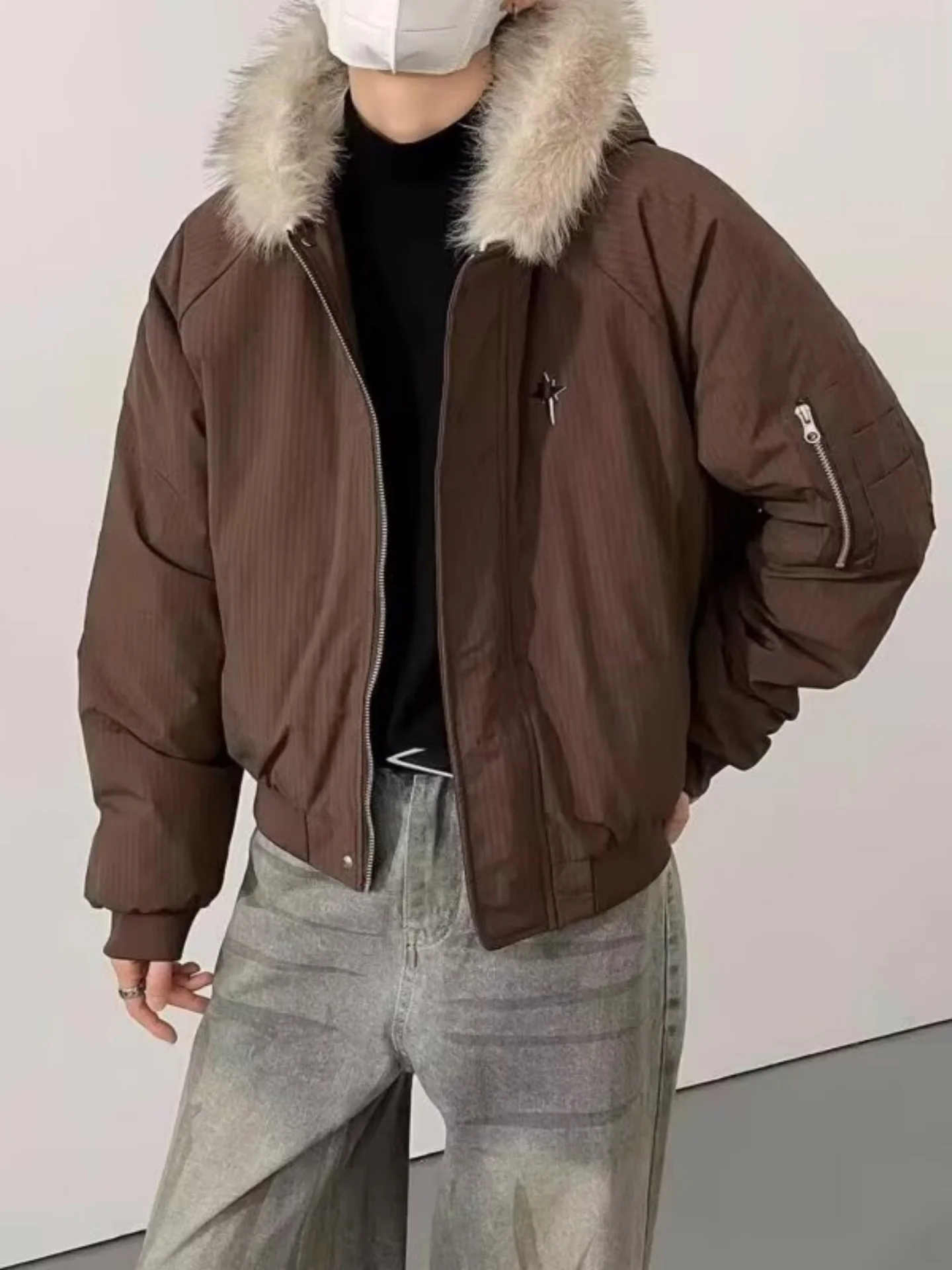 

Мужская зимняя куртка в американском ретро-стиле из хлопка с большим меховым воротником и капюшоном, теплая, утепленная, Cleanfit