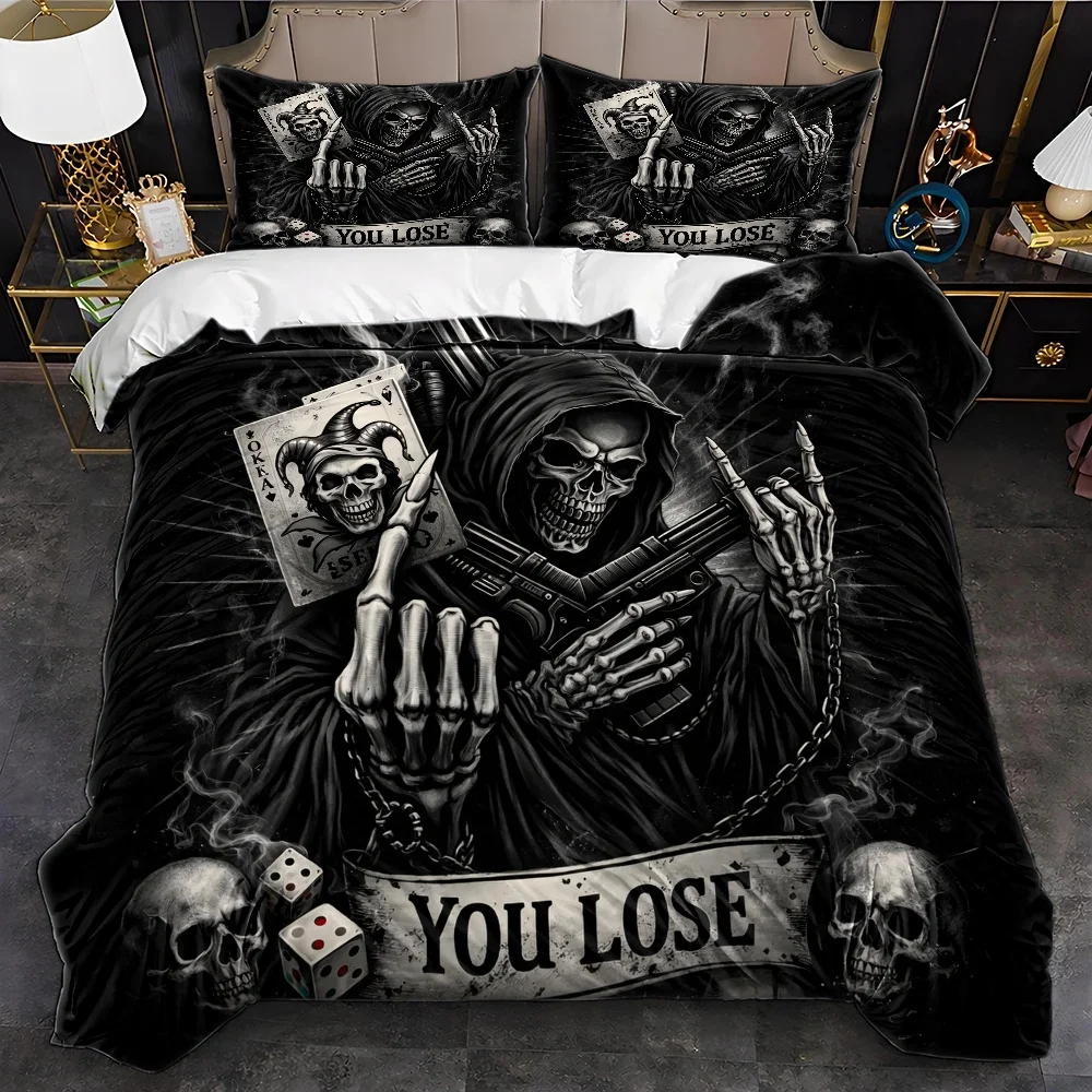 3Pc Dark Skull and Grim Reaper Theme Duvet Cover Set, Three-Piece Bedding Set (1 Duvet Cover + 2 Pillowcases), Suitable for All Seasons, Machine Washable, Can Be Used in Home, Dormitory, Master Bedroom, Guest Room, Includes Large Personal Bedspread Set with Invisible Zipper, Personalized Poker Dice Element Skull Print Bedding, Trendy Dark Style Bedroom Decor Bedding Set, Cross-Border Best-Selling Creative Skull and Grim Reaper Three-Piece Bedding Set