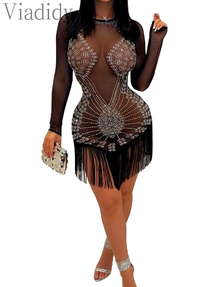 

Sexy Tassel Mesh Rhinestone Party Dress