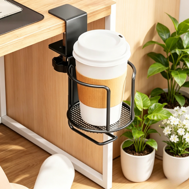  2 in 1 No Drill Desk Cup Holder, Adjustable Arm Clamp Stand, 360° Rotating Table Edge Anti-Fall, Base & Swivel Option 