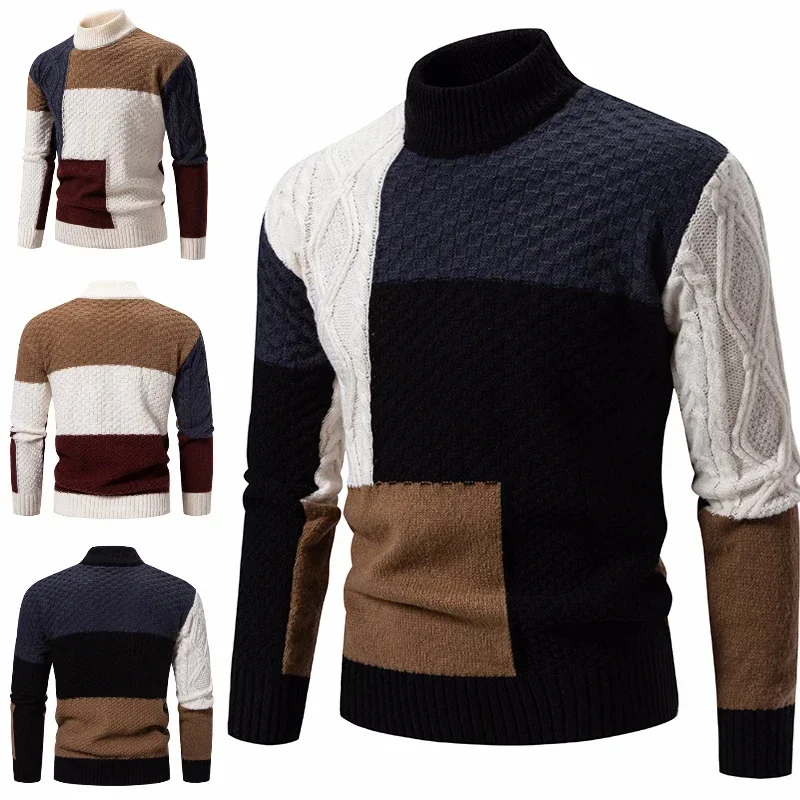 

Men's Knitted Sweater Fashion Splicing Warm Half Collar Sweaters Couple Christmas Sweater Pullover Mock Neck