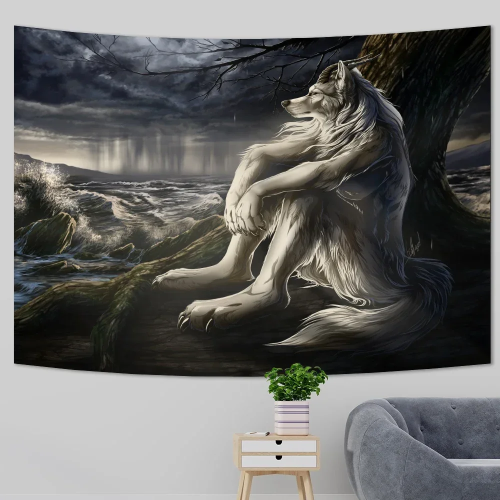 Emo-tapiz de lobo blanco sentado, tapices de hombre lobo para dormitorio, pinturas impresas para decoración del hogar, decoración de habitación y dormitorio