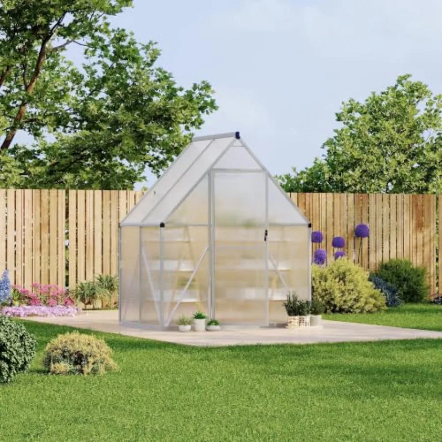Outdoor walk-in house for garden backyard: polycarbonate construction with roof vent, lockable door, aluminum frame, silver col