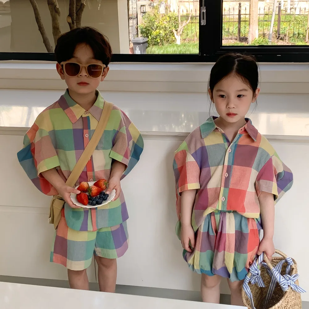 2024 Summer Fashion Sibling Costume Girl Loose Big Puff Sleeves Turn-down Collar Blouse Colourful Plaid Shorts High Quality Suit