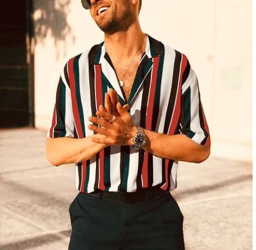 

Мужская полосатая ort Sve Button Casual irt Youth Faion Тонкая модель с воротником-стойкой All Seasons Special Wide Fit