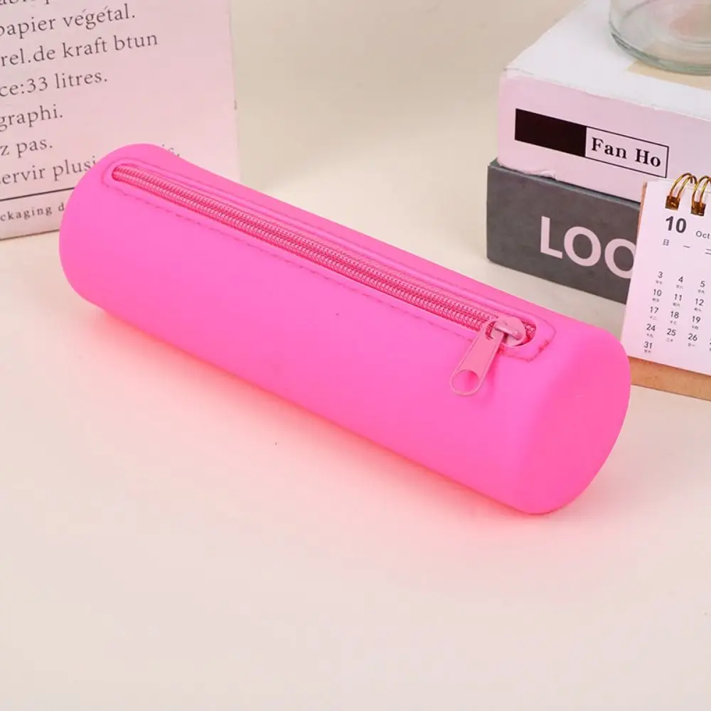 Large Capacity Silicone Pencil Case Lightweight Zipper Makeup Brush Holder Cylinder with Gradient and Solid Colors