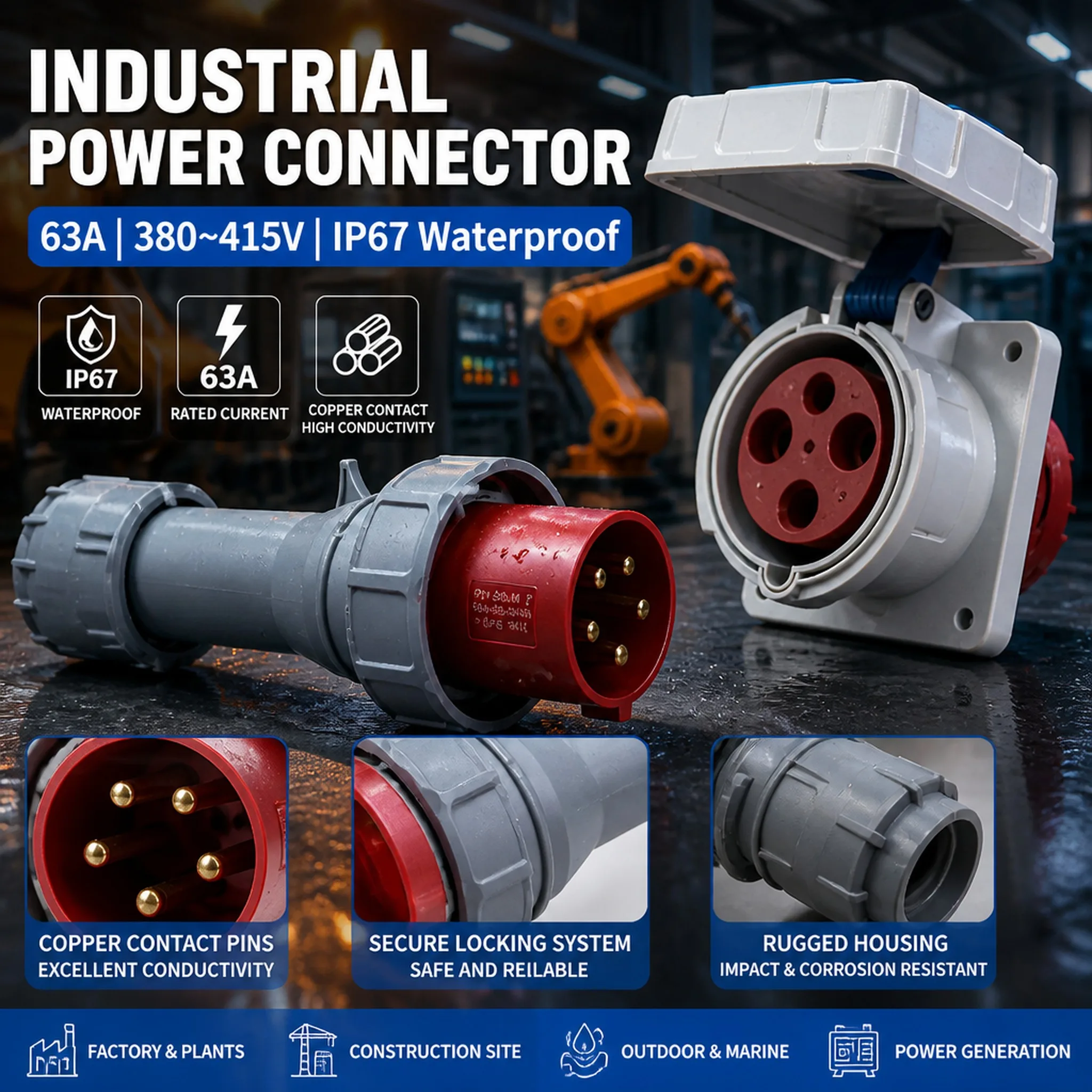 63A IP67 Waterproof Industrial Power Connector 3 4 5 Pin 380V 415V CEE Male Plug Female Receptacle Heavy Duty Factory Joint