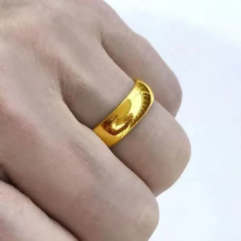 

AngLang 24K Pure Plated Real 18k Yellow Gold 999 24k Plain Smooth Face Personality Money Seeking Couple Ring for Men and Women C