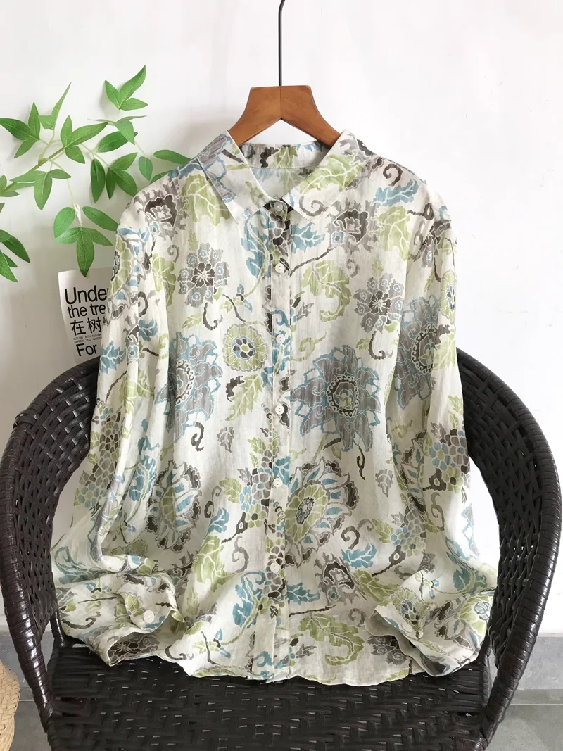 

Vintage linen woman clothing elegant 100% ramie black print shirts and blouses for women autumn linen long sleeve tops