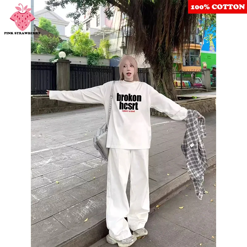 

American Retro White T-shirt Women Autumn Winter 2025 New Letter Print Long sleeved T-shirt Loose Casual Y2k Top Female clothing
