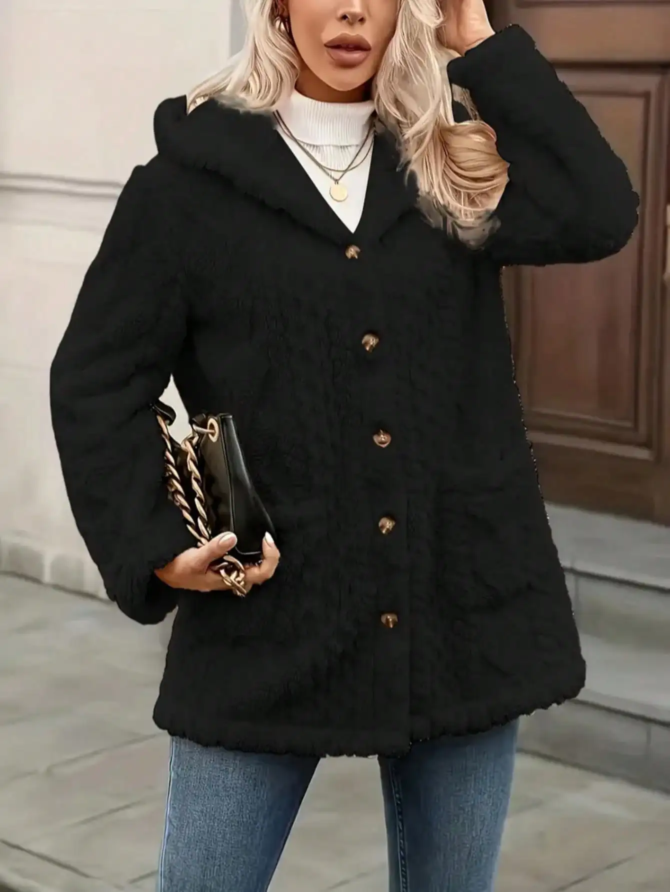 

Women's Black Faux Fur Hooded Winter Jacket with Front Buttons, Casual Warm Coat for Cold Weather