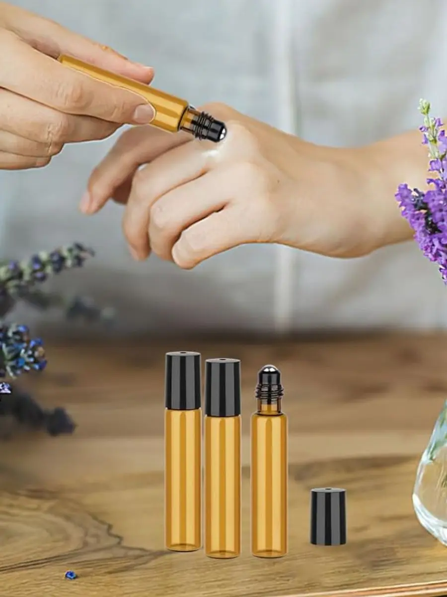 10 Pcs Amber Roller Bottles for Essential Oils Glass Roll On Bottles for Travel and Lip Gloss Empty Perfume Roller Ball