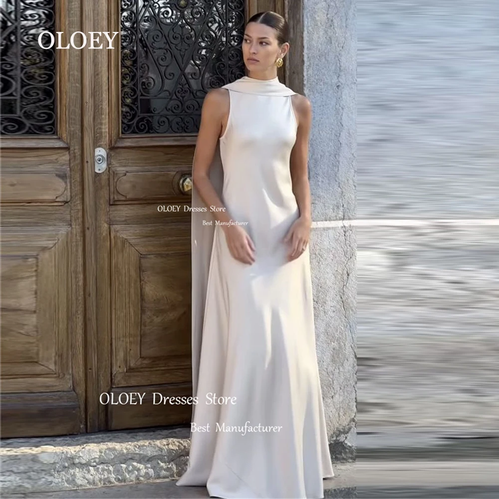 

OLOEY Elegant O Neck Satin Evening Dress Sleeveless Floor Length Straight Wedding Party Gown Back Scarf Custom Made