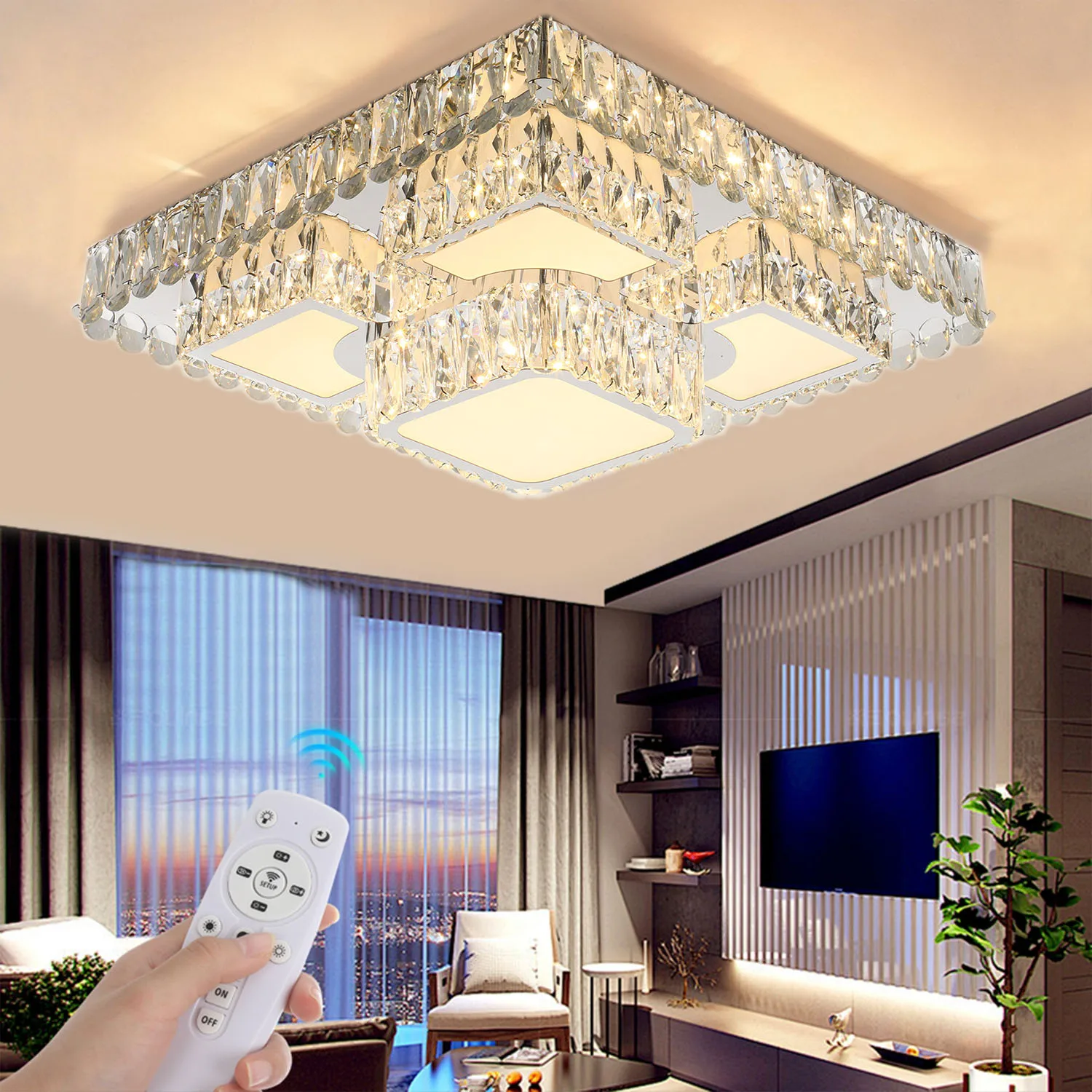 60W moderne LED-kristallen plafondlamp met afstandsbediening, 50 cm plafondlamp traploos dimmen voor woonkamer slaapkamer hotel