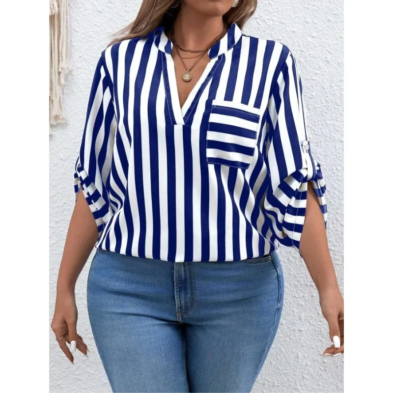 プラスサイズ 1XL-5XL 女性のファッションストライププリント半袖シャツレディースカジュアルラペルシャツルーズでエレガントなボタンシャツ
