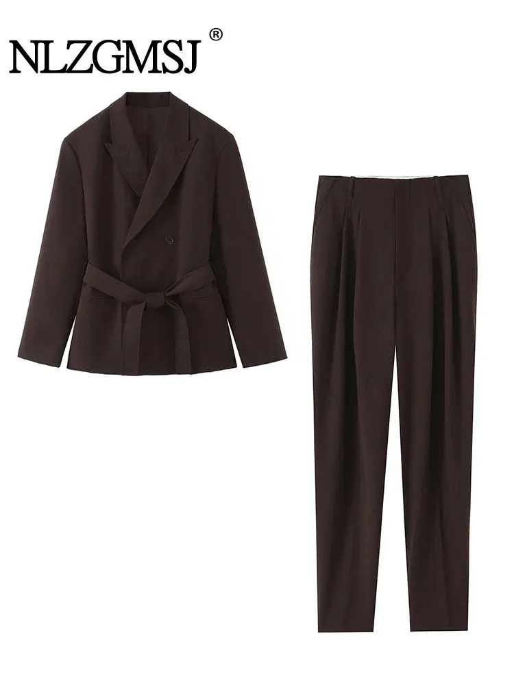 

NLZGMSJ женский элегантный комплект из 2 предметов с лацканами и карманом на поясе, украшенный повседневный пиджак + высокая талия, свободные длинные брюки на молнии на пуговицах ﻿