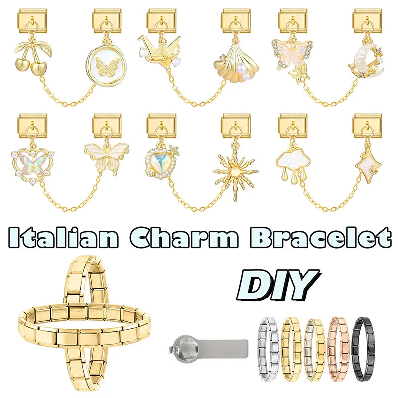 Gold Farbe Rosa Herz Stern Kirsche Mond Kette Quaste Italienischen Charme Link Fit 9mm Edelstahl Armband Frauen DIY Machen geschenke – Detail 4