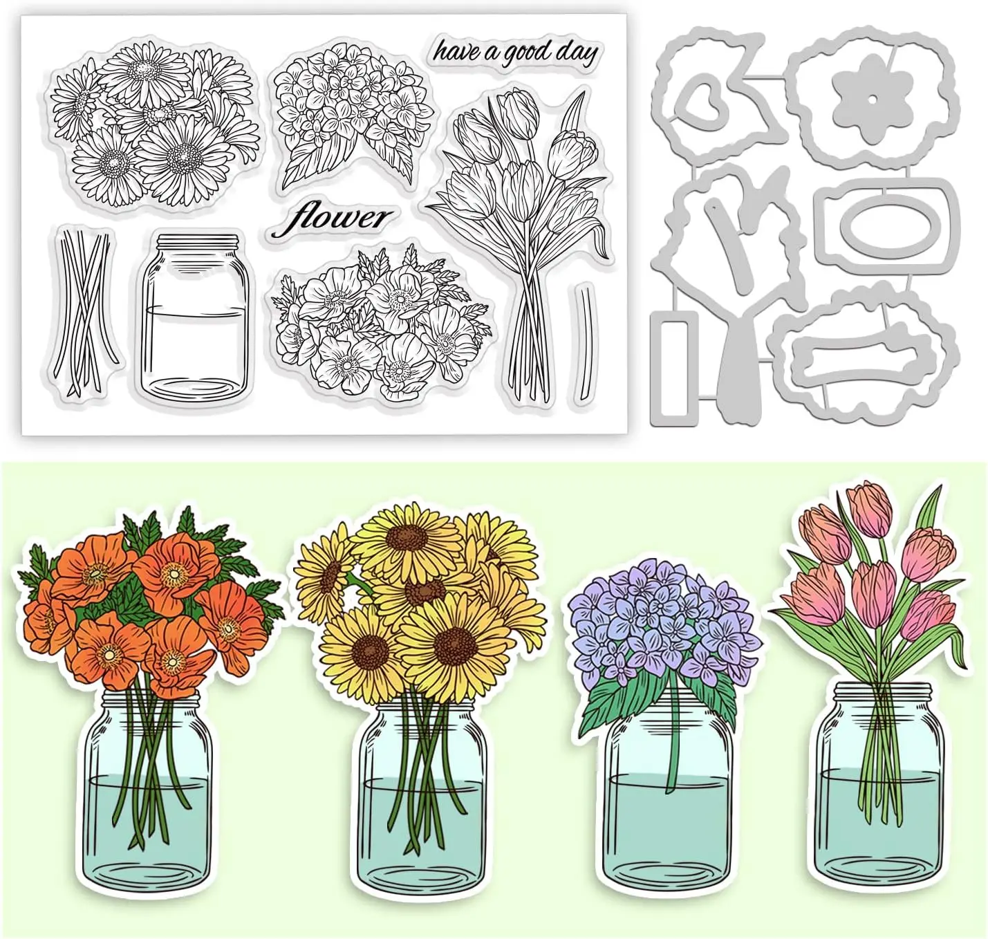 Flower Vase Cut Dies and Clear Stamp Sunflower Tulip Corn Poppy Hydrangea Embossing Template and Silicone Stamp for Card