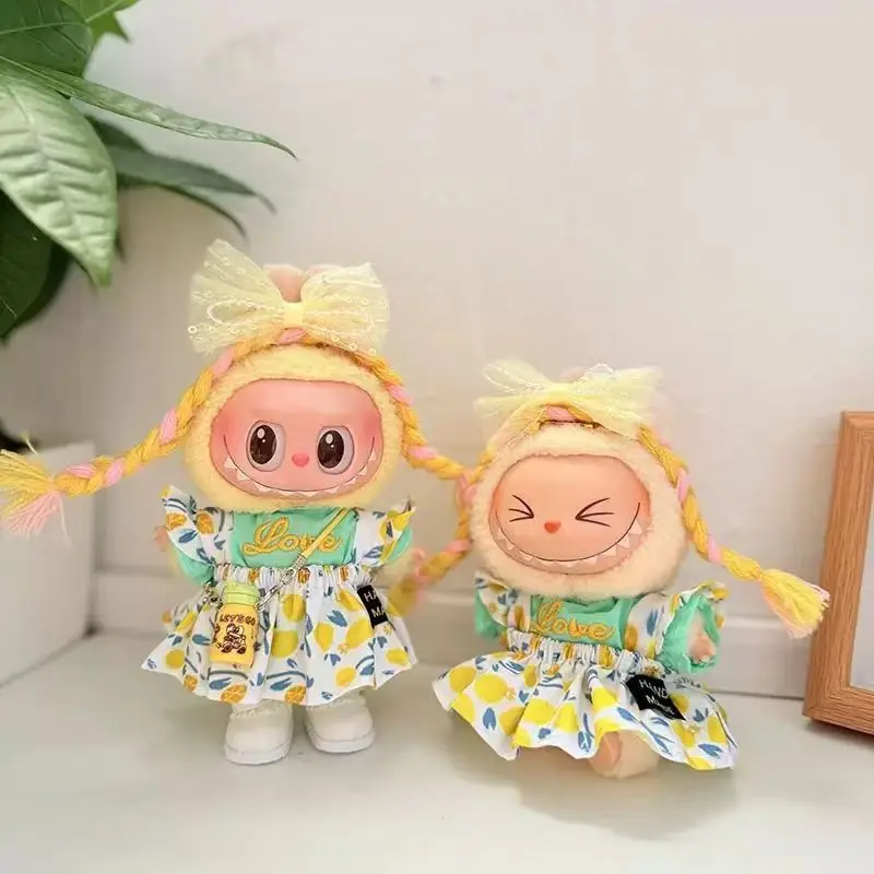 دعوى ل 17 سنتيمتر Labubu دمية فتاة الملابس 3 قطعة = تي شيرت + فستان + أغطية الرأس/مجموعة الزي ل 1st 2nd 3rd الجنرال إكسسوارات دمي