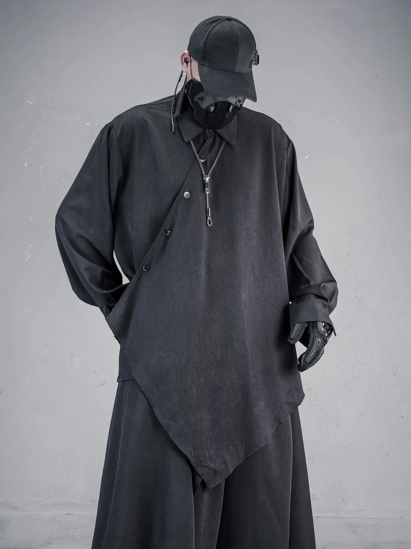 PWZL Original Loose Long Sleeve Shirt Waist in Adjustable Asymmetric Japanese Yamamoto Style New Chinese Fashion Men's Button up