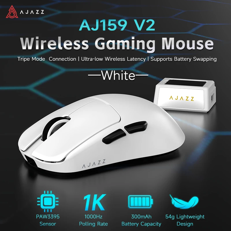 AJAZZ AJ159 V2 muis met verwisselbare batterij en 1 extra batterij, PAW3311 Esports-gamingmuis voor kantoor, gaming en campus