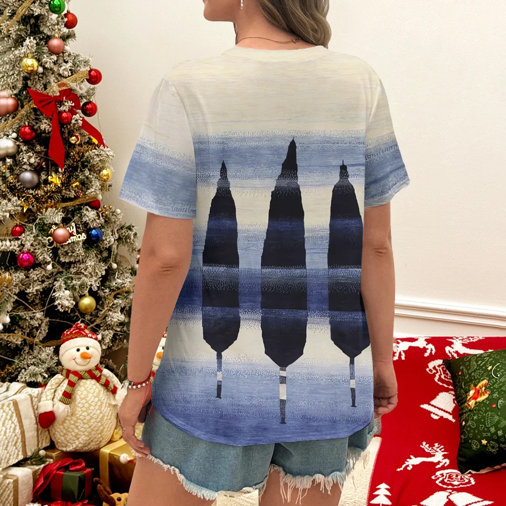 Niebiesko-biały gradientowy abstrakcyjny obraz damski T-shirt z okrągłym dekoltem, elegancki i hojny - nowy letni produkt casualowy na rok 2025