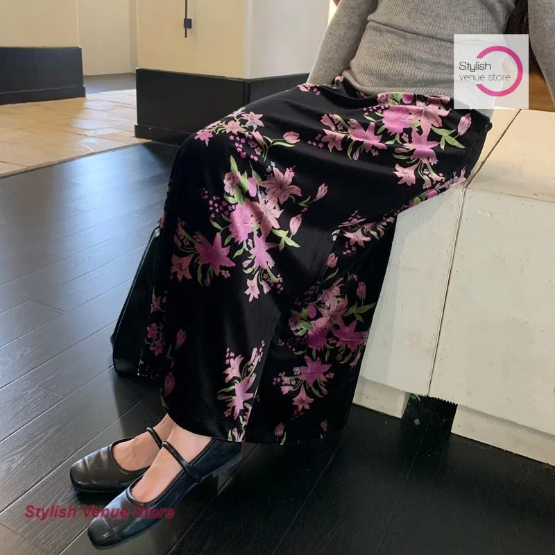 New Chinese retro fashion western velvet print skirt women's autumn and winter high waist slim elegant temperament long skirt