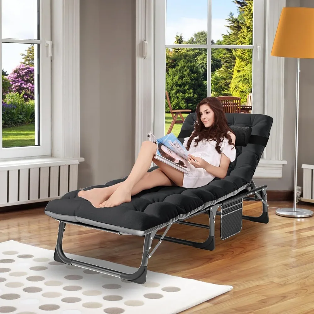 Heavy Duty Outdoor Folding Chaise Lounge Chair with 5 Positions and Cushion - Portable Beach Lounger for Relaxation