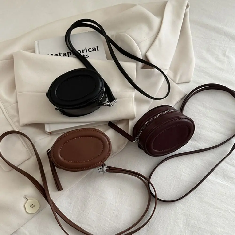 

PU Leather Hanging Neck Coin Purse Oval with Makeup Mirror Lanyard Wallet Lipstick Key Storage Korean Style Earphone Bag