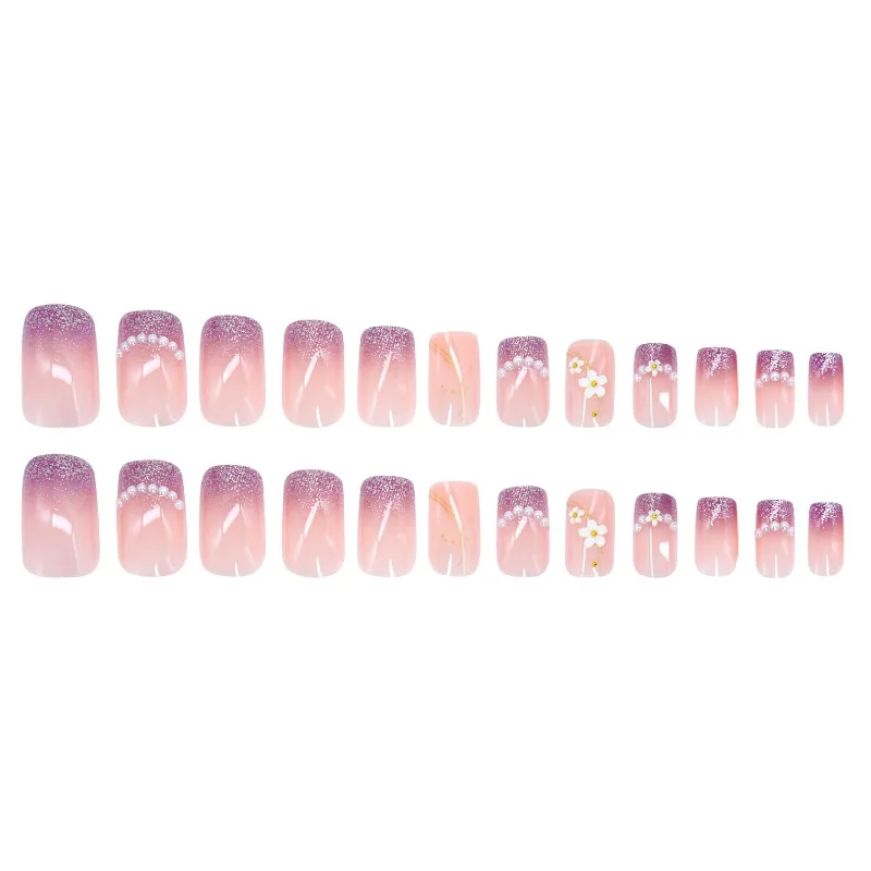 24 個スクエア付け爪プレスショートミディアムグリッター再利用可能なネイルチップフラワー付け爪プレス爪デザイン卸売