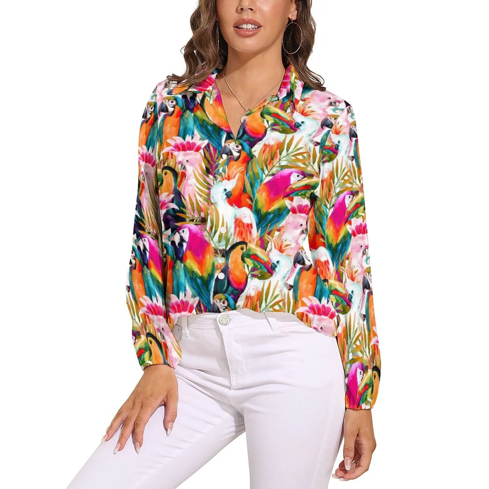 Tropical Birds Blouse Long Sleeve Parrots Palm Leaves Kawaii Blouses Female Casual Oversize Shirts Custom Clothing Gift Idea