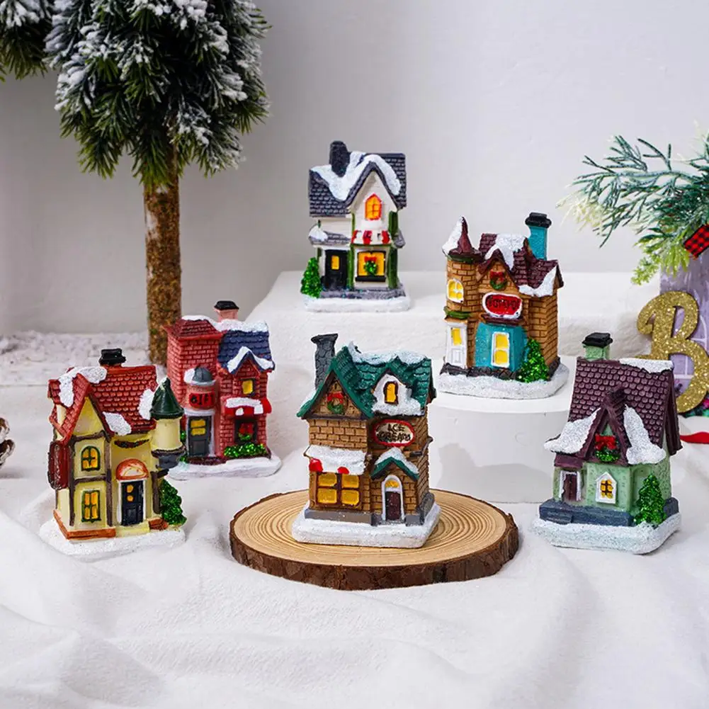 Long Lasting Christmas House Christmas House Ornament Led Snow Covered House Decoration Figurine Warm Resin Craft Ornament