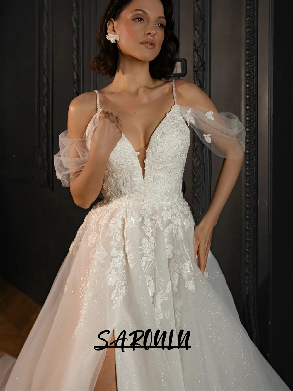 2024 Newest Women Wedding Dress Glitter Tulle With Appliques Bridal Gown Custom Made Bride Dresses With Spagetti Straps