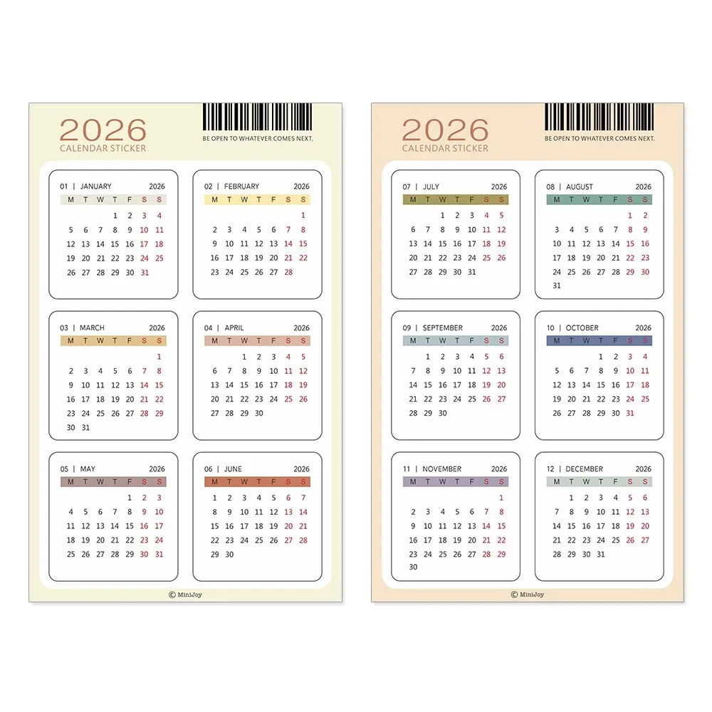 MINKYS 2026 12 شهر 2 قطعة/الحزمة التقويم ملصق مجموعة الزخرفية التقويم علامة التسمية العودة إلى المدرسة لوازم مكتبية