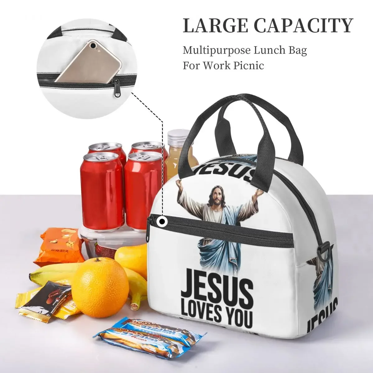 Jesus Loves You Insulated Lunch Bag for Women Kids Leakproof Food Boxes Thermal Lunch Box Tote