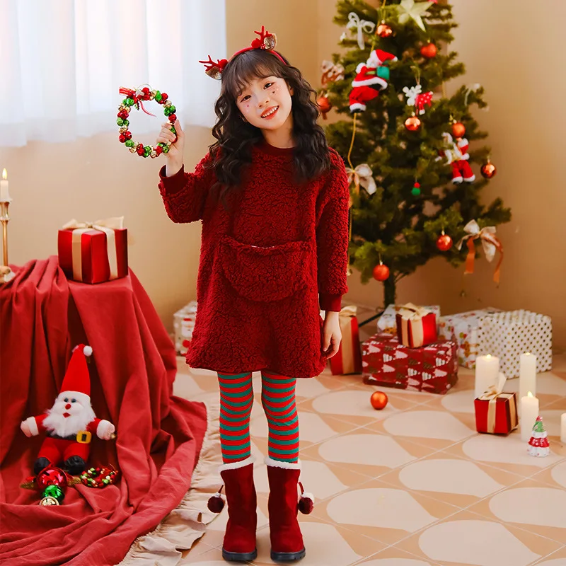 

Christmas Girls' New Year Thick Top Red Christmas Clothing Children's Thick Loose Long Hoodie