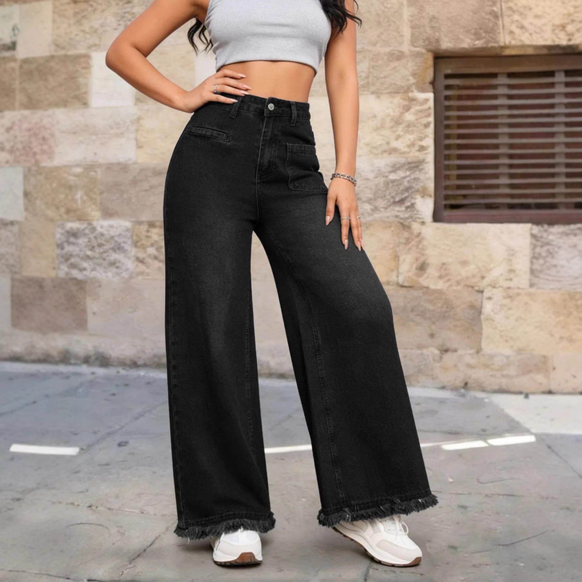Denim Pant Women Jeans Vintage Floor Length Pants High Waist Straight Trousers Y2k Streetwear Elegant Splice Work Casual Loose